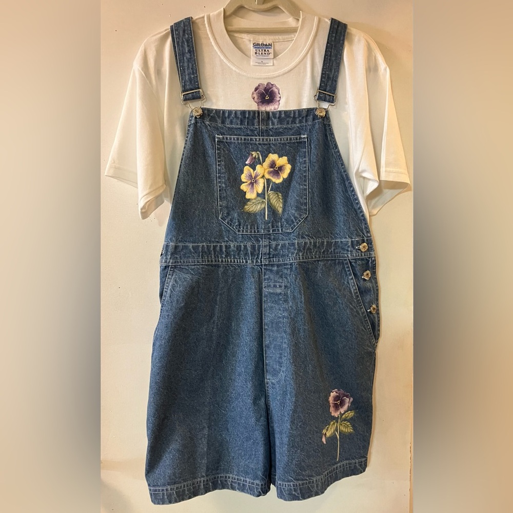 Denim Overall Shorts with Pansies